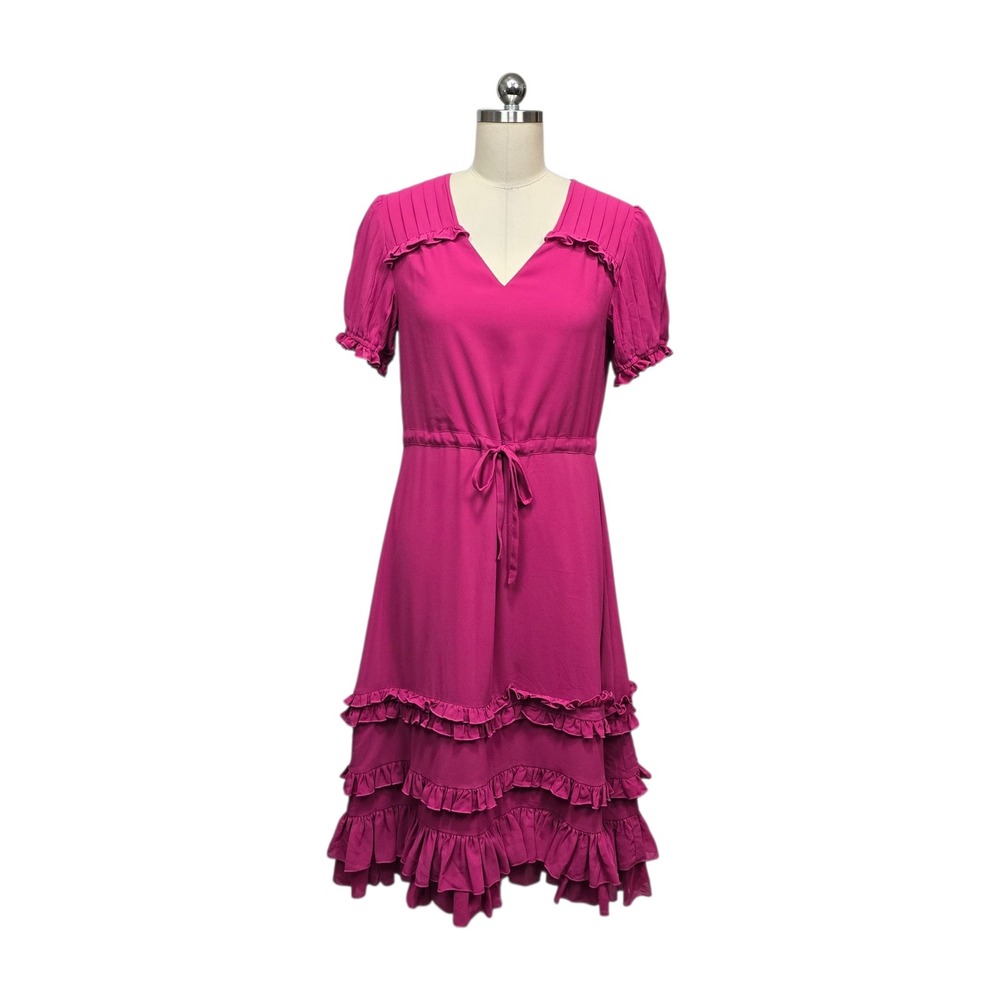 Rachel Parcell Magenta Ruffle Tiered Midi Dress V-Neck‎ Short Sleeve Small Pink